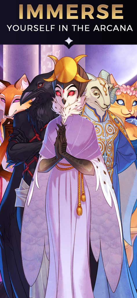 A group of diverse fantasy characters with animal-inspired features and mystical clothing in The Arcana visual novel.