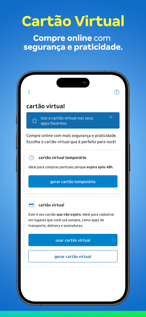 Cartão Luiza: descontos Magalu - A smartphone screen from the Cartao Luiza app displaying options to generate temporary and permanent virtual credit cards for secure online shopping