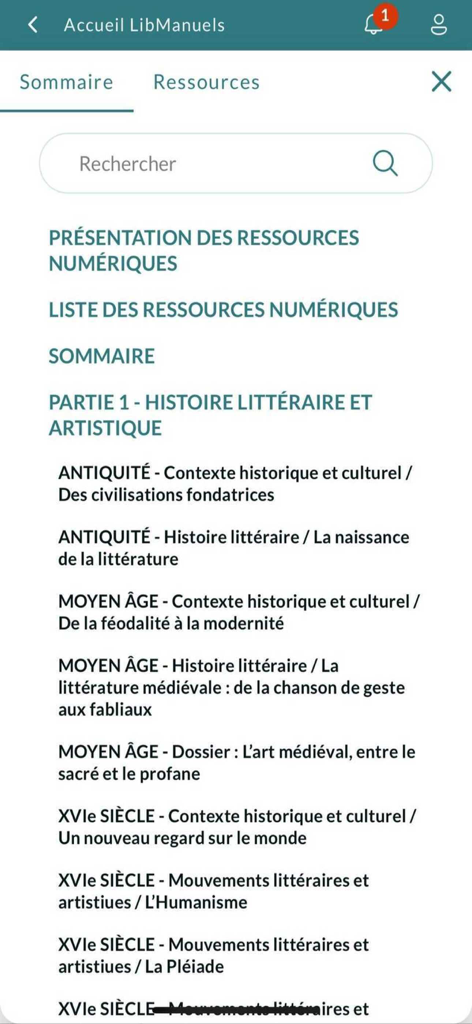 Lib Manuels - Table des matières d'un manuel scolaire de littérature française dans l'application Lib Manuels
