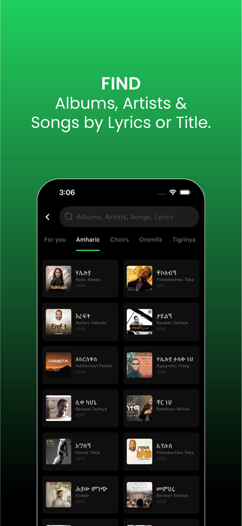 Zemare - Zemare app search interface showing various Amharic Christian albums and artists.
