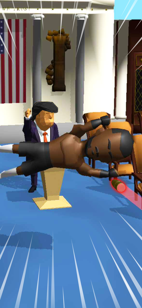 Bodyguard character jumping to block a bullet for a VIP in a 3D room with an American flag