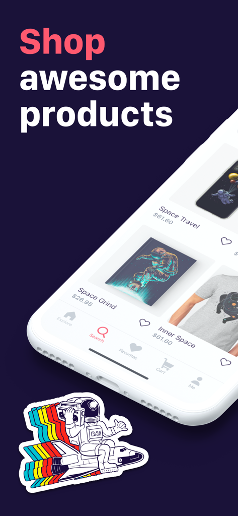 Redbubble mobile app displaying unique space themed art on products.