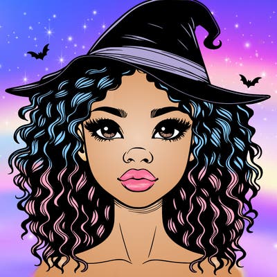 realistic black girl with wavy hair and witch hat and nose and lips