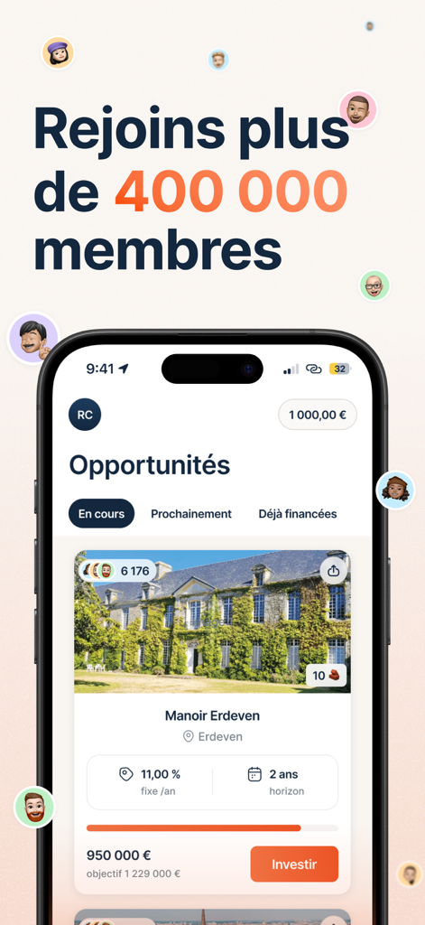 Bricks app interface showing fractional real estate investment opportunities and a community of 400000 members