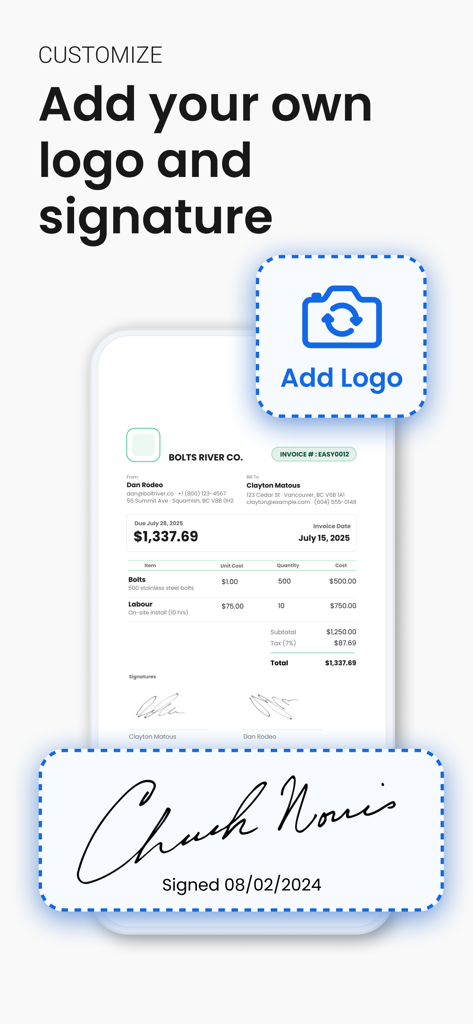 Invoice Maker by Easy Expense - A mobile interface for an invoice maker app showing options to add a custom business logo and a digital signature for professional billing.