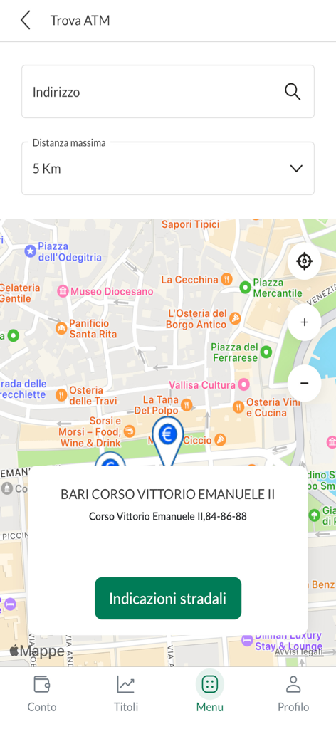 ATM locator map interface in the Mi mobile banking app showing branch locations and directions