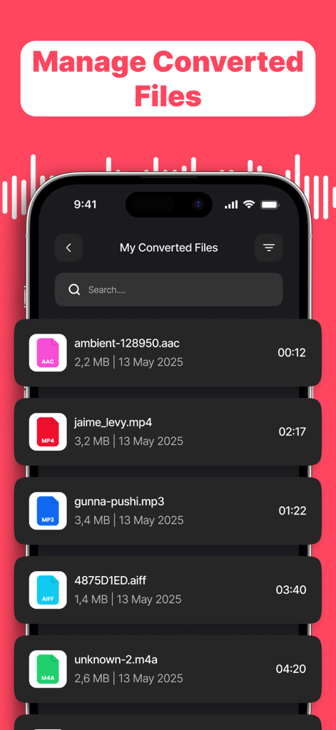 Une interface mobile montrant une liste de fichiers audio et vidéo convertis avec des options de recherche et de filtrage