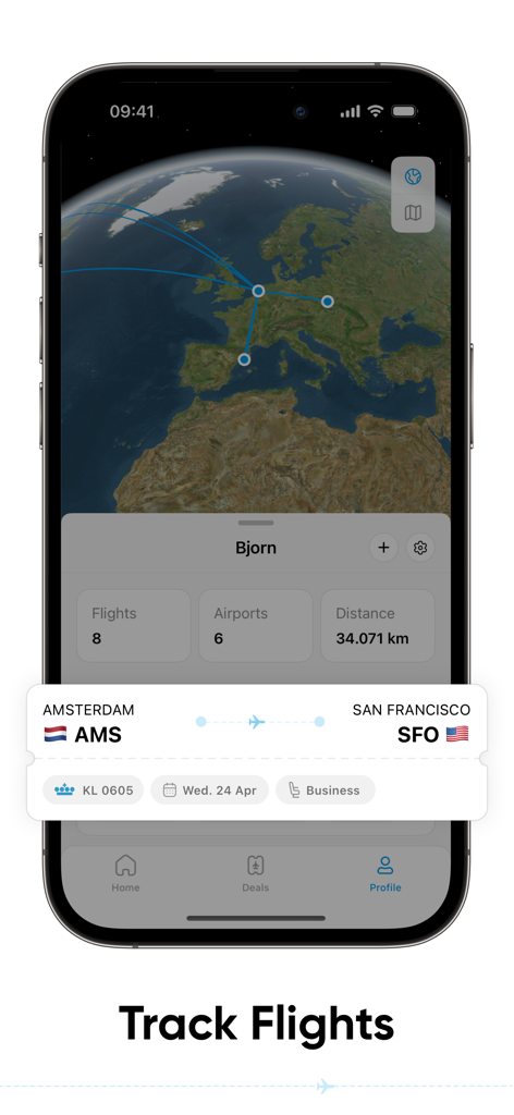 Interfaz de la aplicación Recordatorio para Flying Blue que muestra un mapa de vuelos y estadísticas de viaje para una ruta entre Ámsterdam y San Francisco