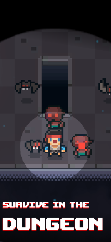 Guidus - Pixel art character facing monsters in a dark dungeon with a spotlight effect and survive in the dungeon text