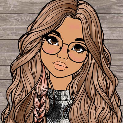girl with long hair and freckles and glasses realistic