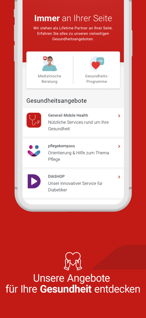 Generali GesundheitsApp interface showing health services and medical consultation options