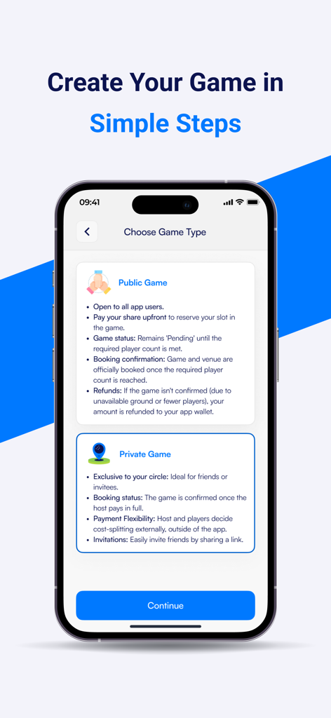 PlayPal Sports - Interface for choosing a Public or Private sports game in the PlayPal app