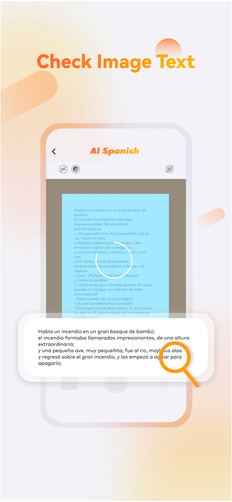 AI Spanish Grammar Checker app showing the OCR feature scanning and correcting Spanish text from a document