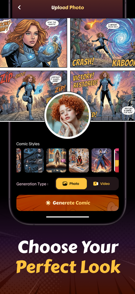 AI Comic Generator - Comic Art - コミックのスタイルオプションと写真のアップロードを示すAIコミックジェネレーターのモバイルアプリインターフェース。