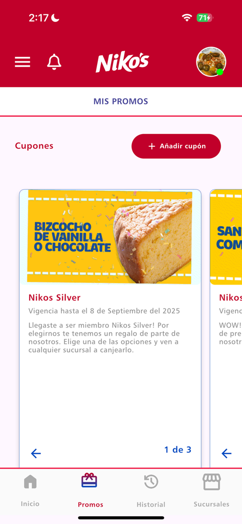 Niko´s - Niko's mobile app screen showing a Nikos Silver loyalty coupon for a free vanilla or chocolate cake