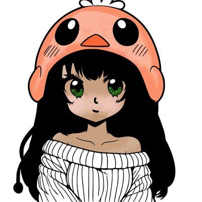 anime girl with chick shaped hat with sweater with bare shoulders with bangs covering them one eye with low tail