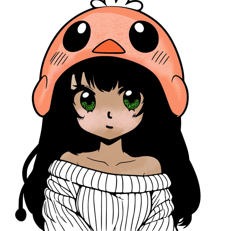 anime girl with chick shaped hat with sweater with bare shoulders with bangs covering them one eye with low tail