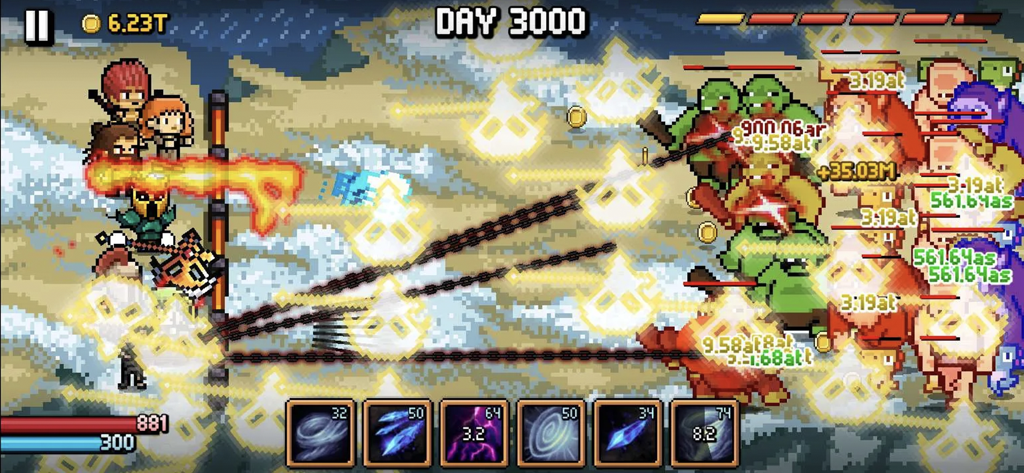 Pixel art gameplay of Days Bygone Castle Defense showing heroes defending the wall against waves of monsters at Day 3000