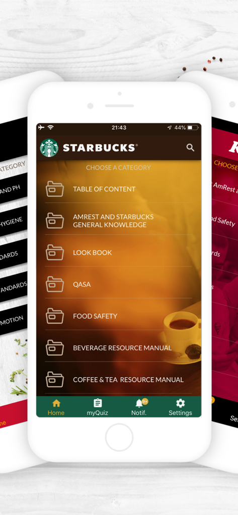 A smartphone displaying the myStandards app screen for Starbucks training categories like Food Safety and Beverage Resource Manual.