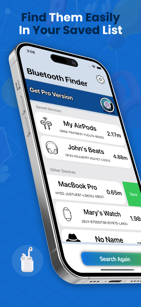 Bluetooth Scanner IO - Interfaz de aplicación móvil que muestra una lista de dispositivos Bluetooth guardados con mediciones de distancia en tiempo real