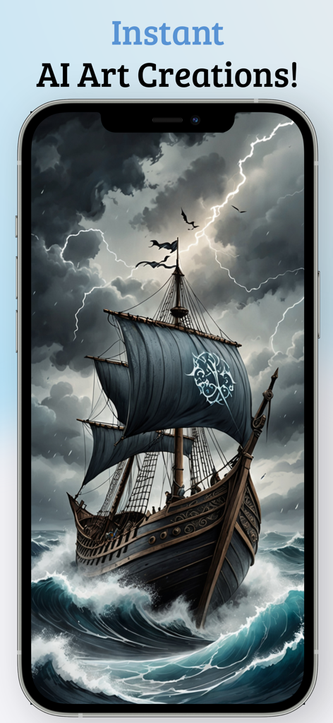 AI art generation of a ship on a stormy sea with lightning from the Luna AI app