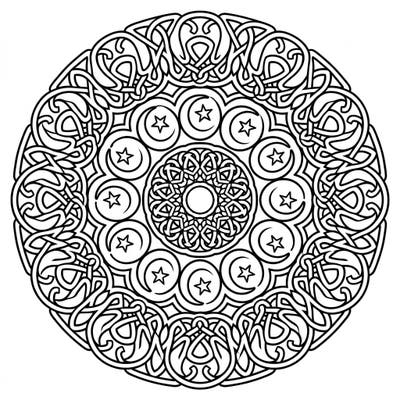 Discover tranquility with this intricate Celtic Moon Knot Mandala coloring page. Its detailed design, featuring crescent moons and stars intertwined with traditional knots, offers a captivating artistic challenge for all skill levels.