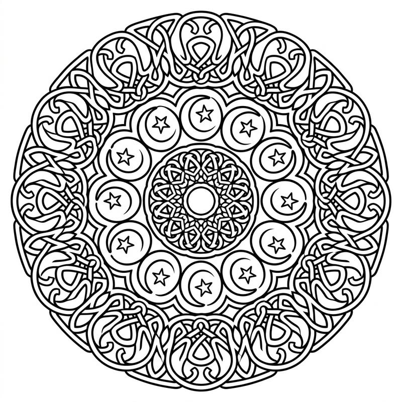 Discover tranquility with this intricate Celtic Moon Knot Mandala coloring page. Its detailed design, featuring crescent moons and stars intertwined with traditional knots, offers a captivating artistic challenge for all skill levels.