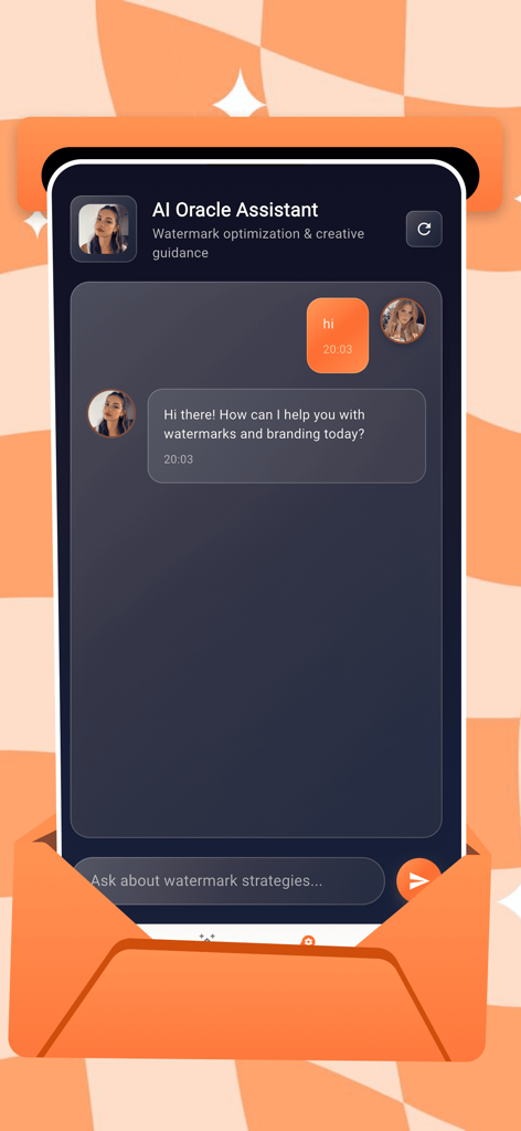 Mobi - Glow & Share - The AI Oracle Assistant chat screen in the Mobi app for watermark and branding guidance.