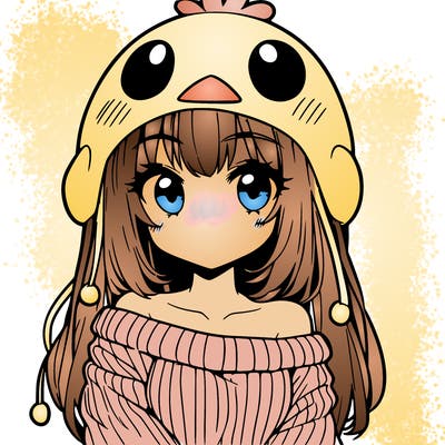 anime girl with chick shaped hat with sweater with bare shoulders with bangs covering them one eye with low tail