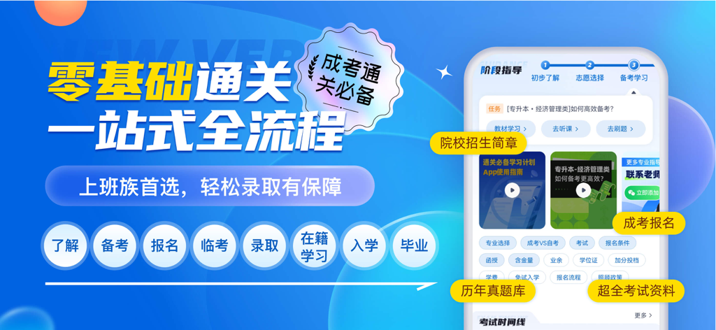 注册到毕业一站式学习流程的中国成人教育APP推广横幅。