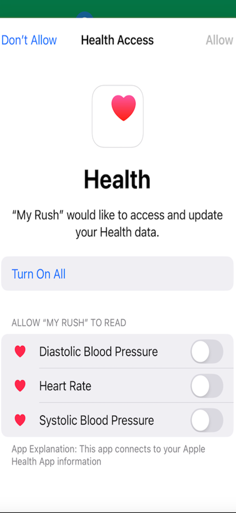 My Rush - My Rush app health access permission screen for syncing Apple Health data