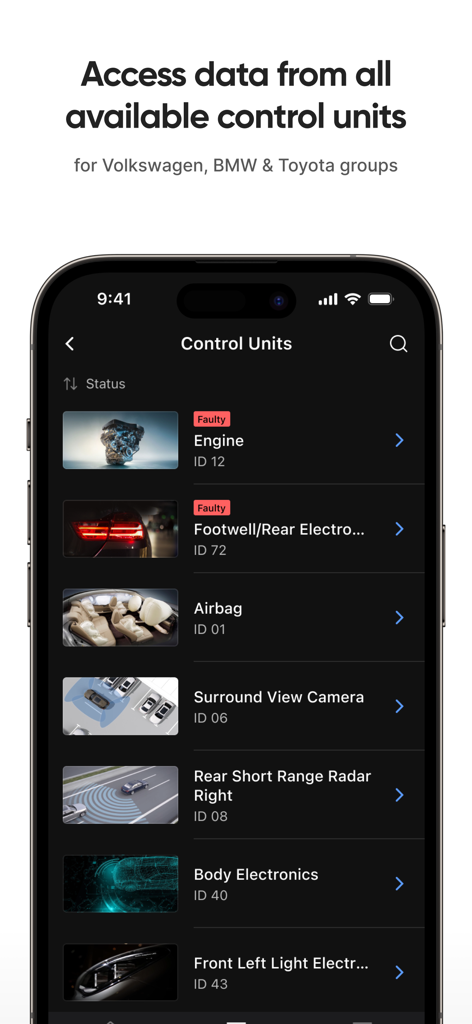 OBDeleven app interface showing a list of vehicle control units like engine and airbag with fault status indicators