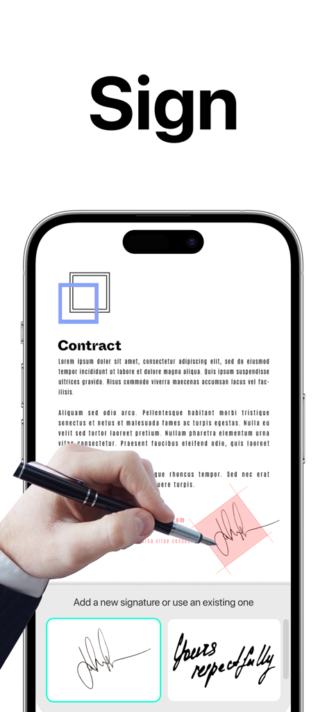 A hand signing a digital contract on a smartphone using the TapScanner e-signature feature