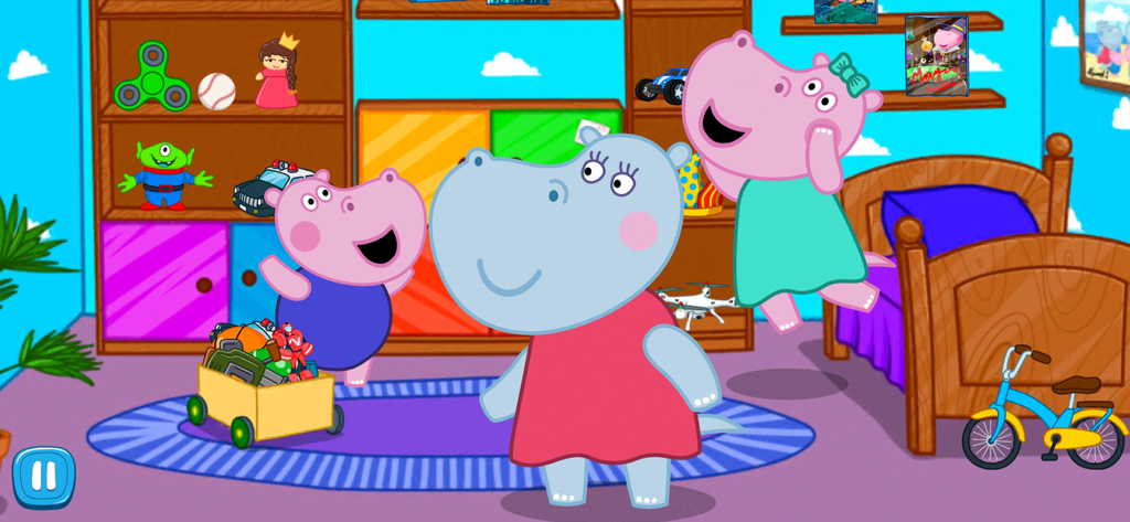 Funny Supermarket game - Cartoon hippo characters in a colorful bedroom and playroom with toys