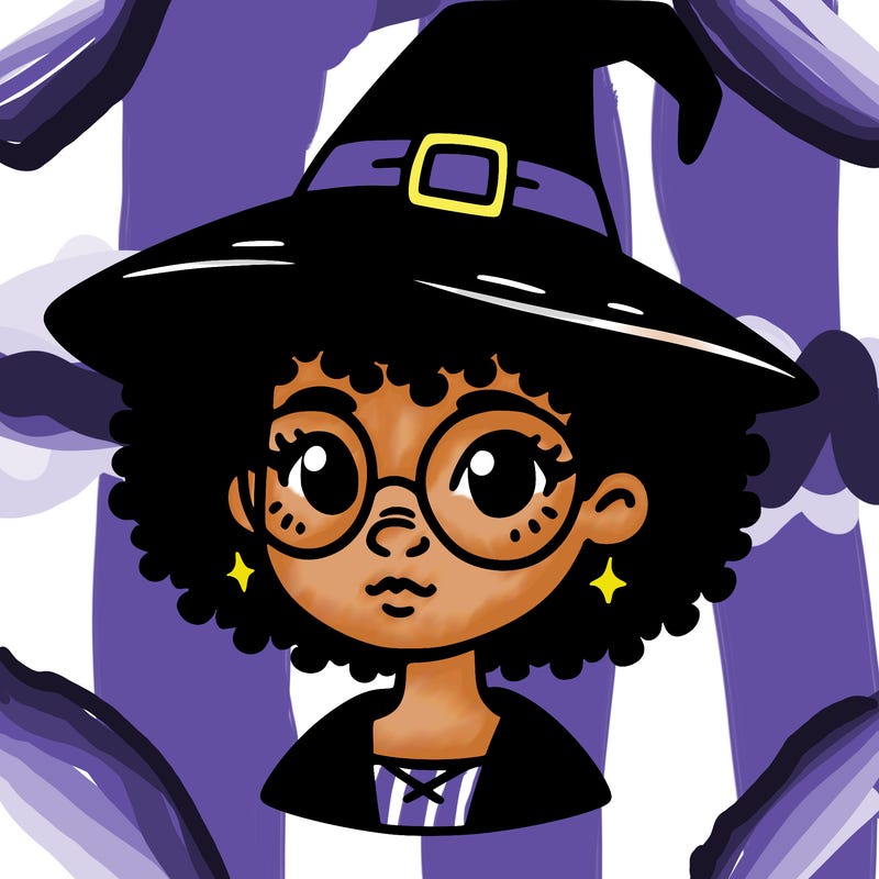 a black person who is a witch and has glasses