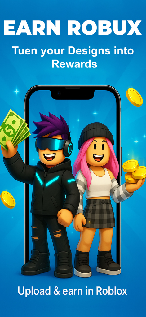 AI Skin Maker for Roblox - Two Roblox characters holding cash and coins to show how to earn Robux by creating and selling skin designs