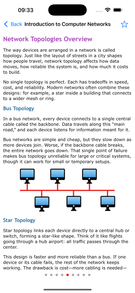 Learn Computer Networking - An overview of network topologies explaining bus and star configurations with a diagram in the Learn Computer Networking app
