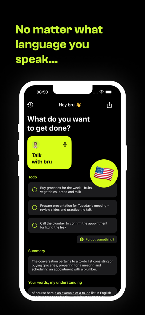 Interface of the bru todo app showing voice-to-task conversion in English with an automated task list and summary