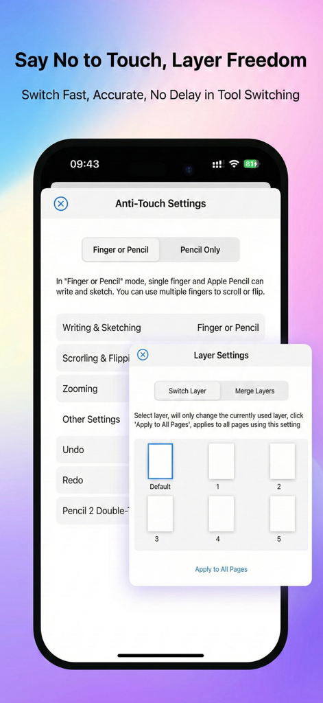 OrigNotes - OrigNotes app interface displaying anti-touch and layer settings for digital handwriting