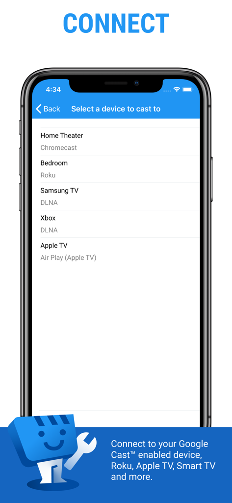 Web Video Cast App-Oberfläche, die eine Liste verfügbarer Streaming-Geräte anzeigt, darunter Chromecast, Roku und Apple TV.