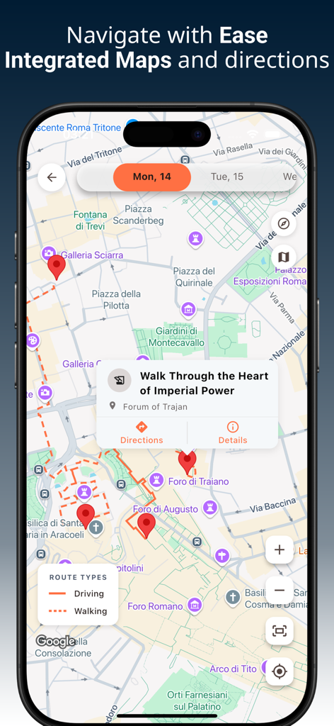 GoPlan - AI Travel Planner - GoPlan app screenshot showing integrated maps with walking and driving routes for a travel itinerary in Rome