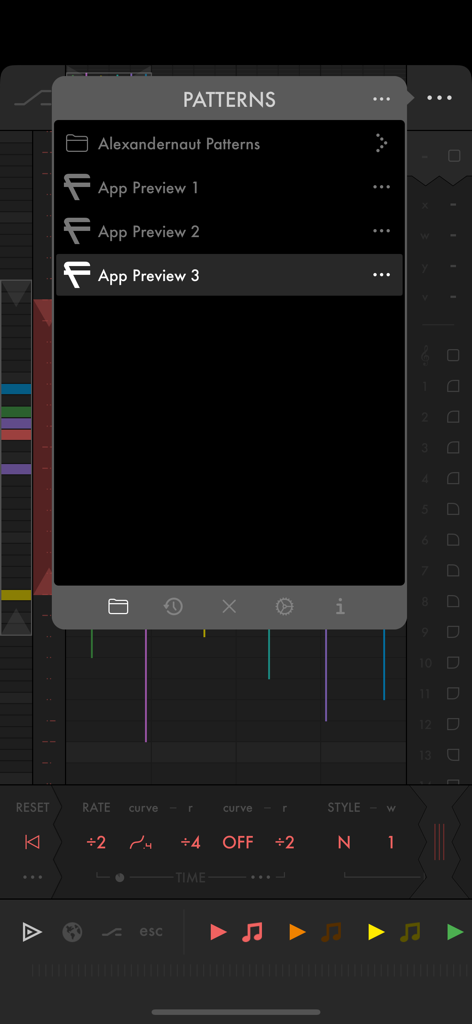 Fugue Machine Rubato - Patterns menu in Fugue Machine Rubato showing saved music sequences and nested folders.