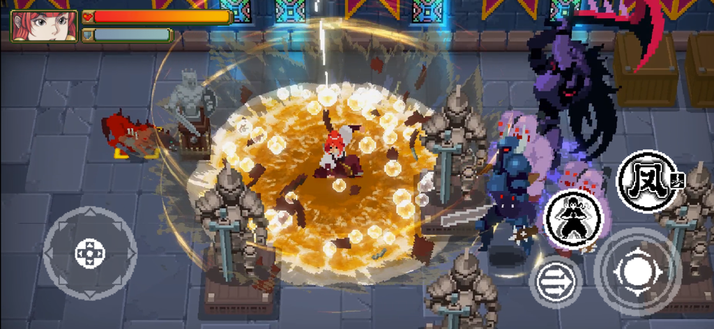 A vibrant pixel art battle in Otherworld Legends where a hero executes a golden energy blast against enemies