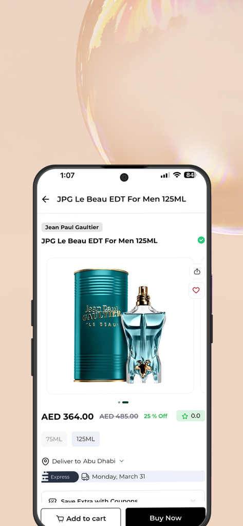 V Perfumes:Buy Perfumes Online - V Perfumes mobile app product screen for Jean Paul Gaultier Le Beau fragrance for men showing price and purchase options
