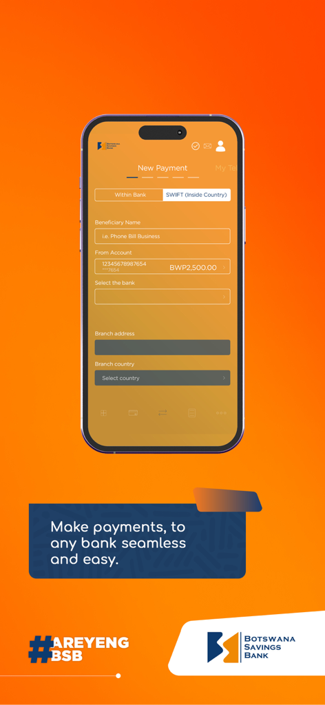BSB - Botswana Savings Bank app interface showing the new payment screen for bank transfers