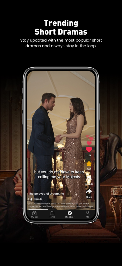 ロマンチックなドラマシーンとソーシャルメディア風のコントロールが表示されたHiShortアプリのインターフェースを表示するスマートフォンの画面。