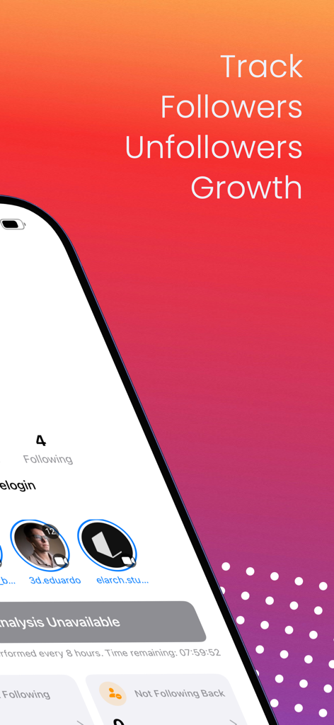 Followers, Unfollowers Report - Ein mobiler App-Bildschirm zur Verfolgung des Follower- und Unfollower-Wachstums mit Profilanalysefunktionen.