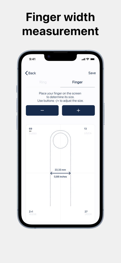 Mobile app interface for measuring finger width to determine ring size