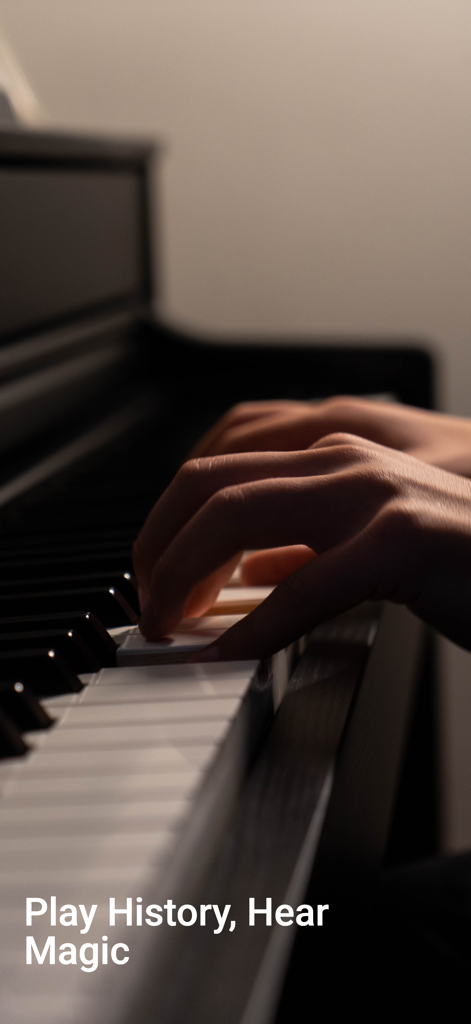 Close up of hands playing a classical piano with the text Play History, Hear Magic