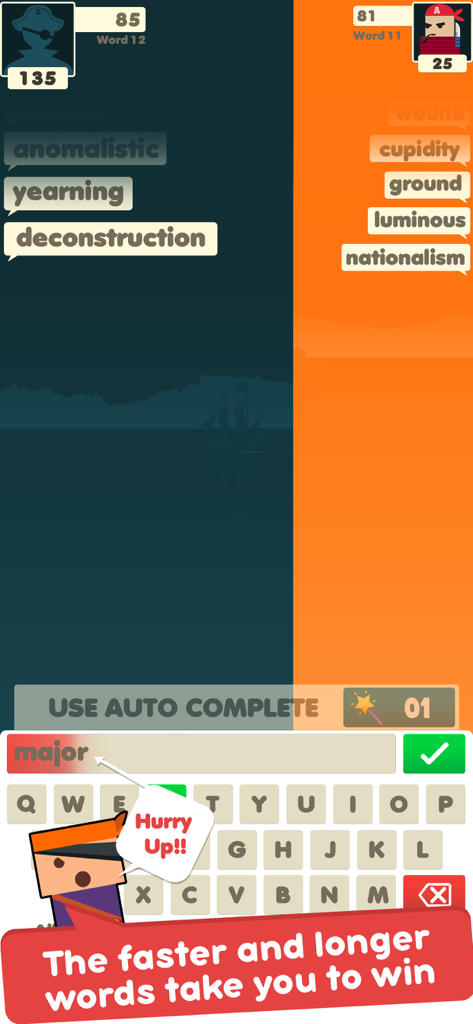 Word War - Word Battle Games - Jogabilidade de Word War mostrando uma batalha de palavras rápida entre jogadores usando palavras de vocabulário longas